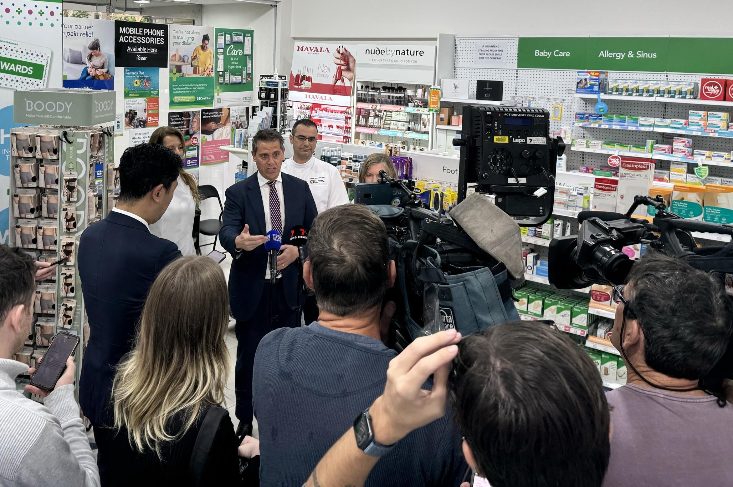NSW Health Minister Ryan Park and NSW Pharmacy Guild Branch President Mario Barone address the media.